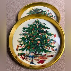 Dept 56 Heirloom SET‎ OF 2 Christmas Tree Tin Tray 11” Vintage Holiday Decor